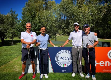 Davide Zarotti, Vittorio Andrea Vaccaro, Edoardo Nobili ed Enzo Bartolucci sul tee della 1 del Campionato PGA - Antognolla Golf Club